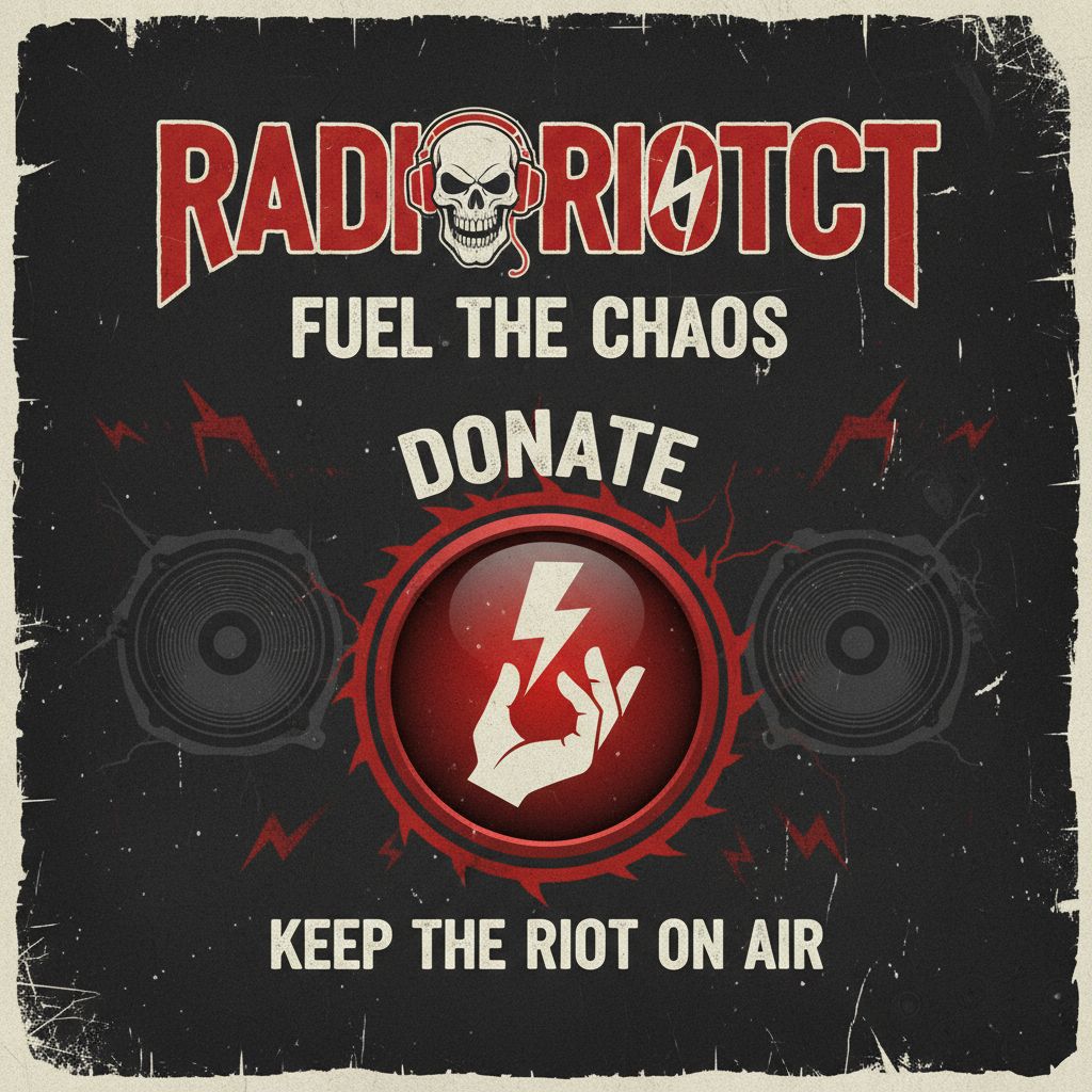 RadioRiotCT donation themed graphic, dark rock radio aesthetic with subtle grunge texture and a simple donate icon, on-brand for an online rock radio station